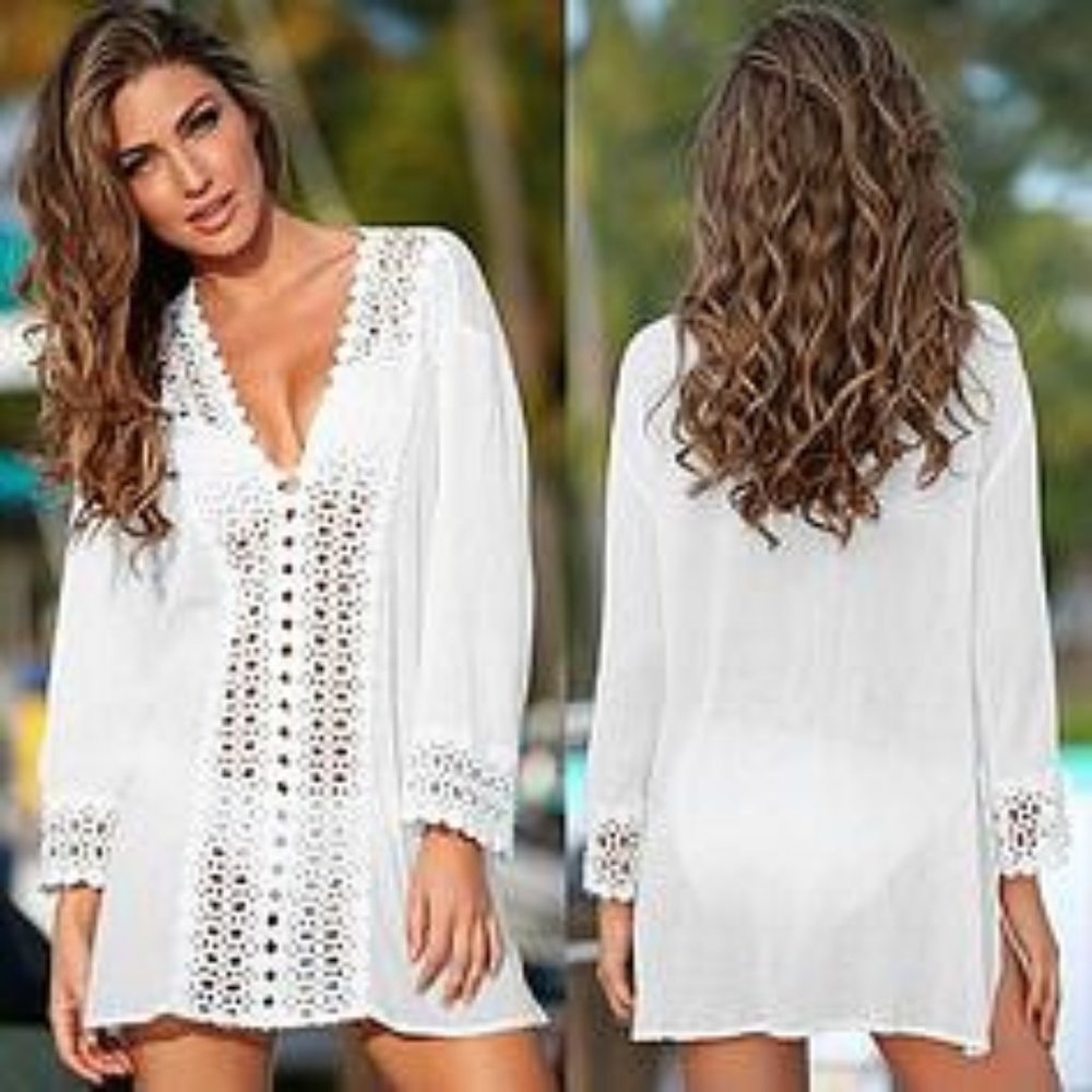 - Flint & Moss Adorable White Crochet Tunic Cover Up - Picture 2 of 6